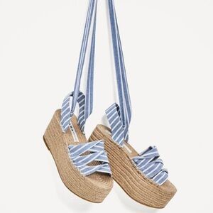 Zara Blue and White Striped Espadrille Platform Sandals with Ankle Tie